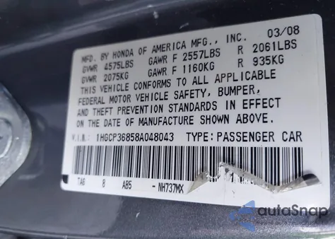 2008 Honda Accord 3.5 Ex-L z USA, uszkodzony, nr VIN 1HGCP36858A048043